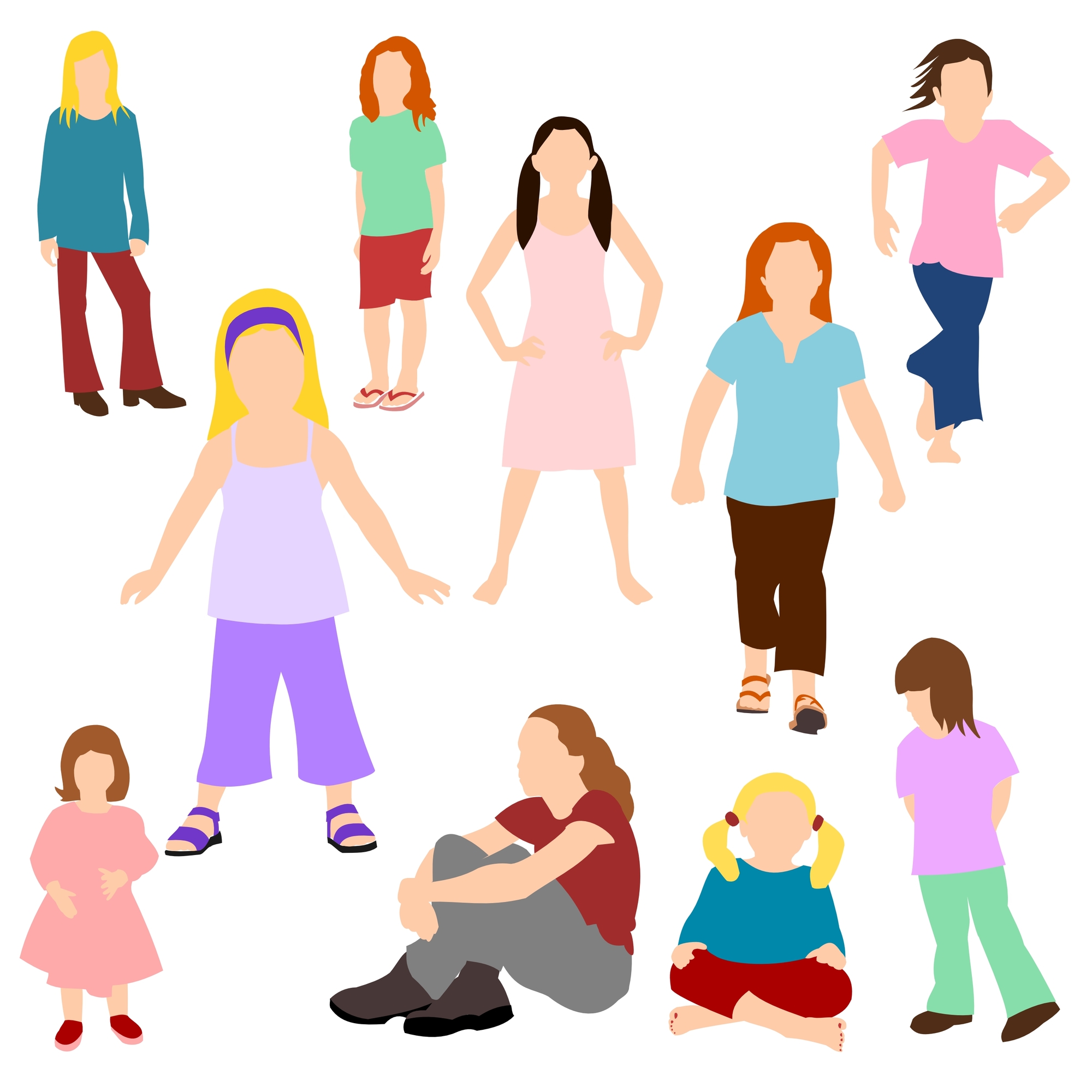 Girls - sitting, standing, walking