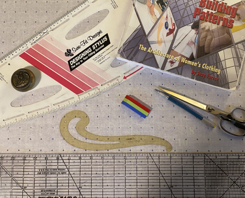 Materials for drafting a sewing pattern—paper, pencil, eraser,...