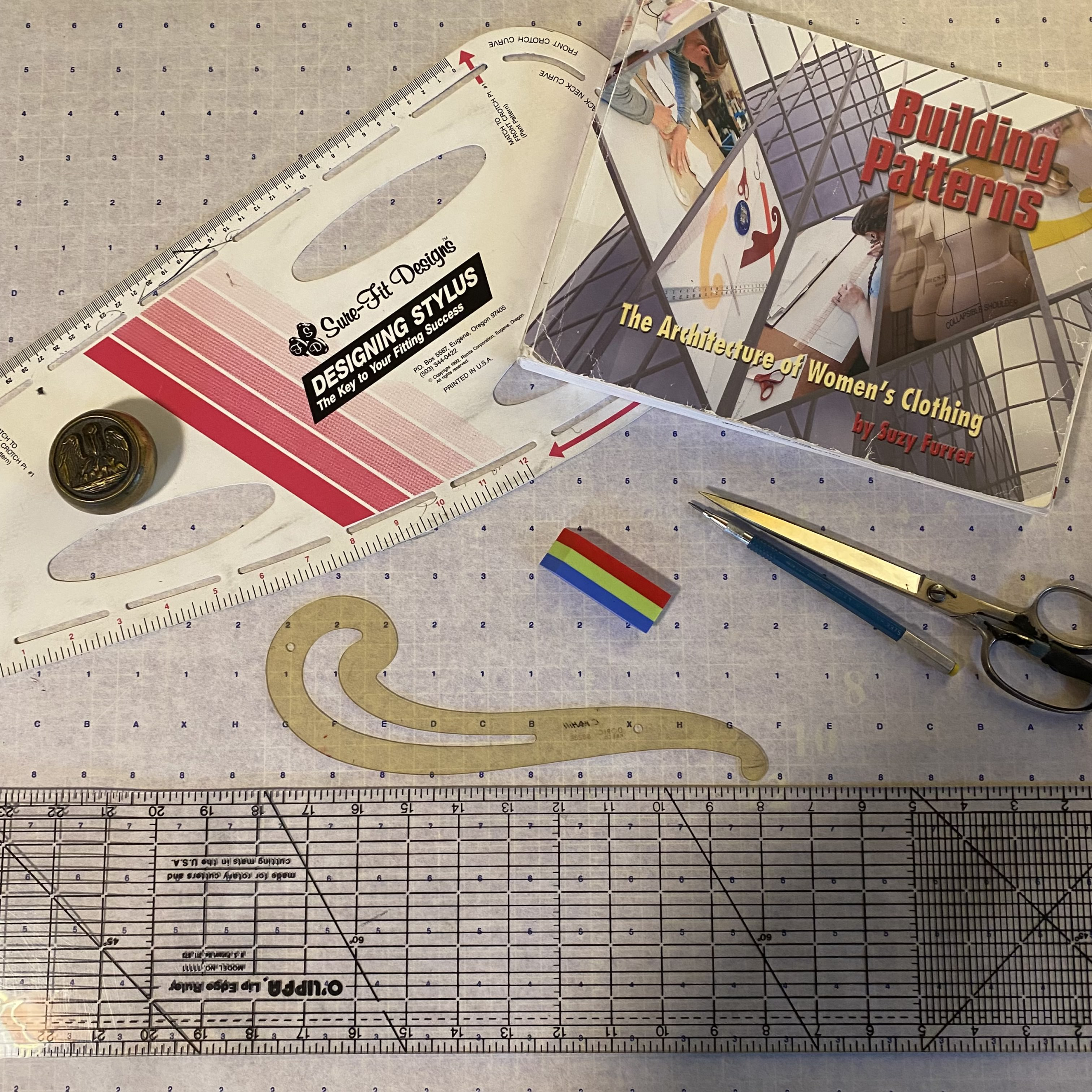 Materials for drafting a sewing pattern—paper, pencil, eraser,...