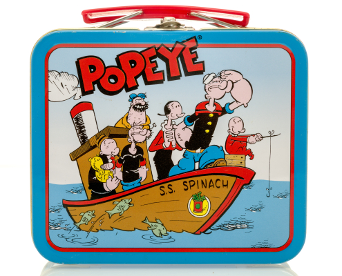 Popeye and other characters on a wooden boat.