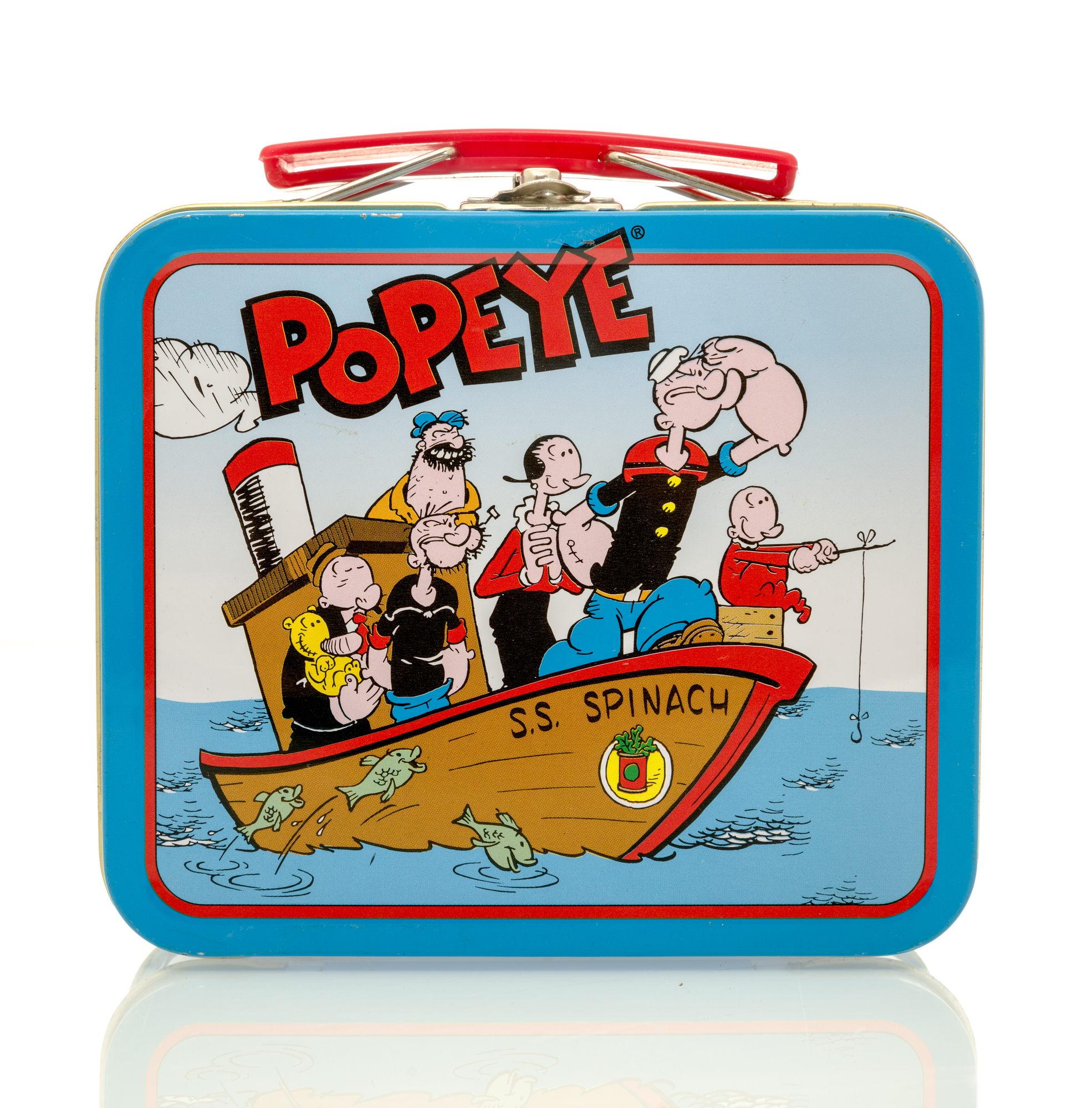 Popeye and other characters on a wooden boat.