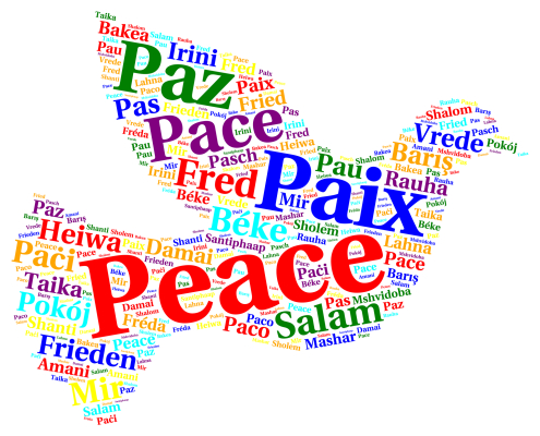 Dove silhouette, with the word Peace in many languages