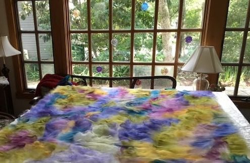 Wool fibers laid out on a table in front of a large window