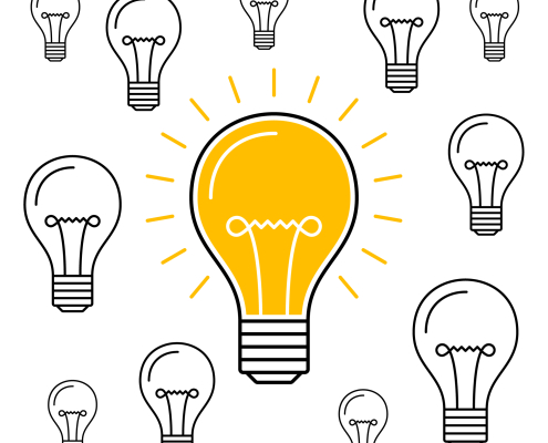 Bright yellow light bulb surrounded by unlit bulbs