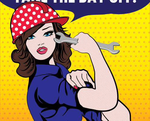 Woman wearing a blue shirt and polka dot hat, holding a wrench, below a sign that says, Take the Day Off."