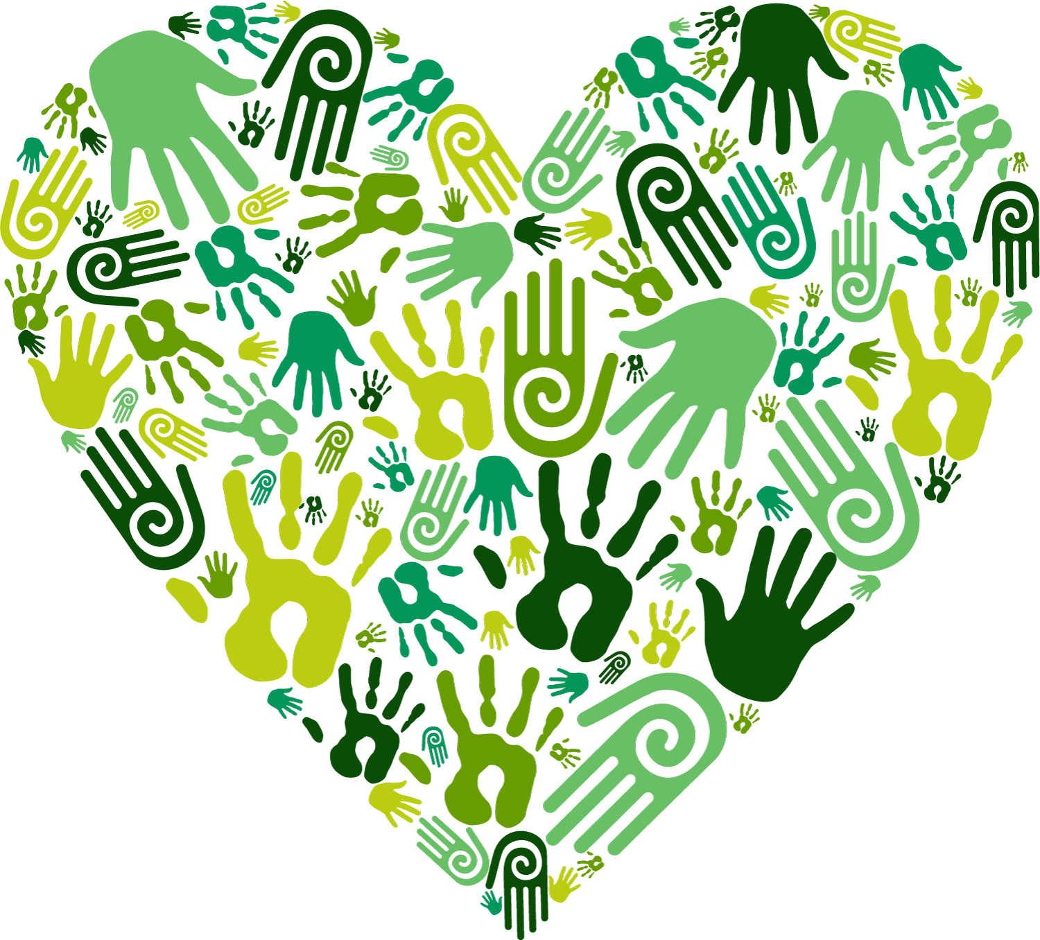 Many green hand shapes within a heart outline