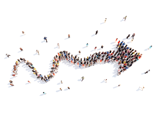 Small human figures forming the shape of a squiggly arrow, with some outliers