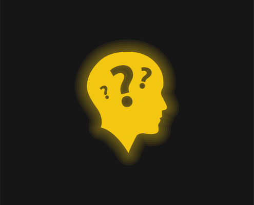 Yellow profile of a bald head with three question marks