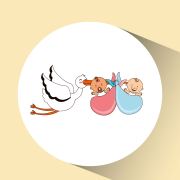 Cartoon of stork carrying twins—a boy and a girl