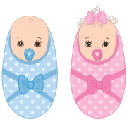 Drawing of twin babies, one swaddled in blue and one in pink
