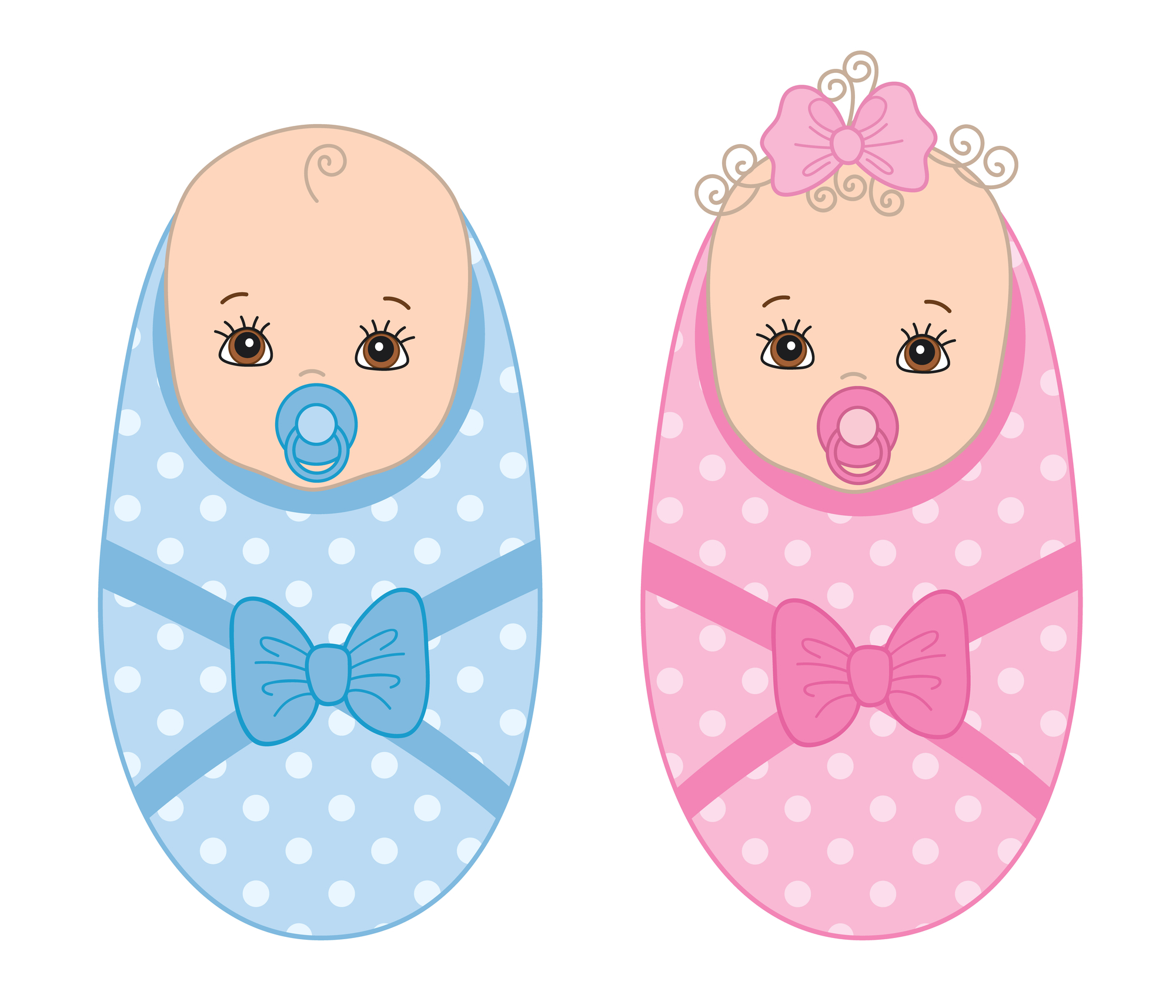 Drawing of twin babies, one swaddled in blue and one in pink