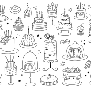 Set of doodle cakes on a white background.