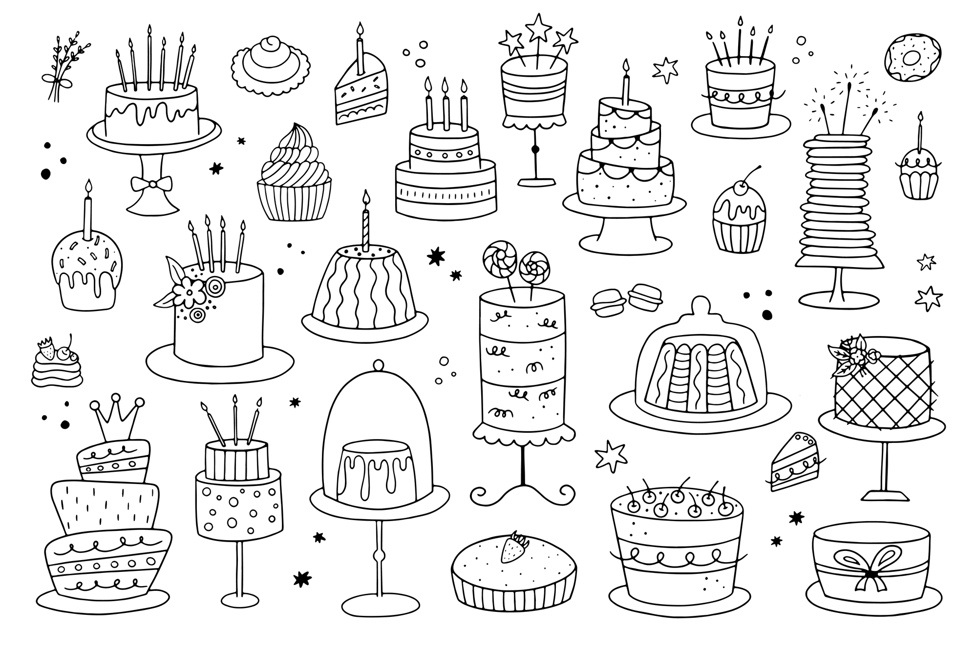 Set of doodle cakes on a white background.