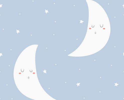 Pair of sleeping crescent moons on a blue background with white stars