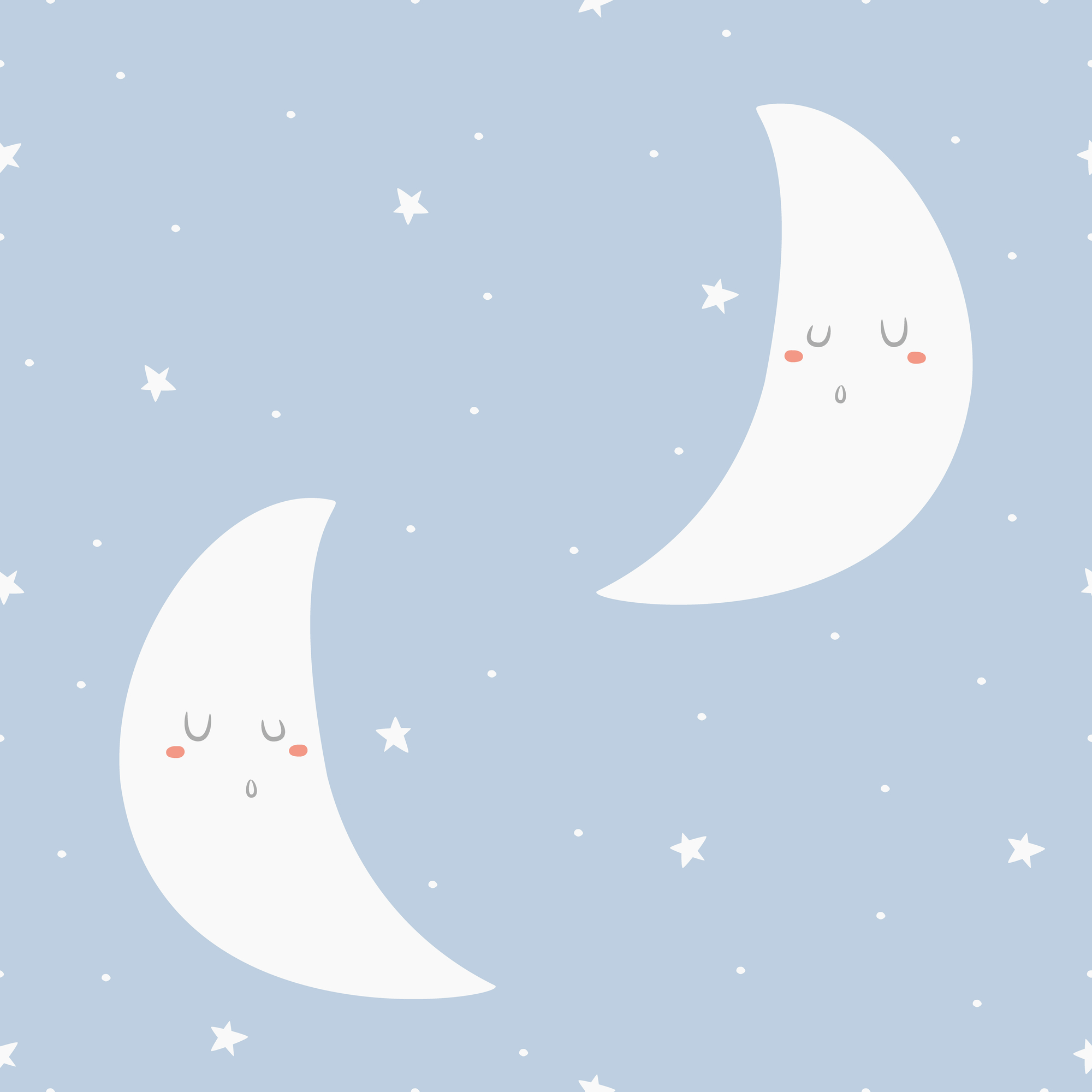 Pair of sleeping crescent moons on a blue background with white stars