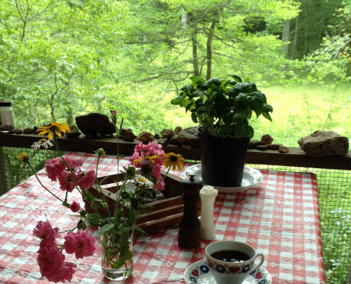 Picnic table with flowers and coffee on a porch with a small meadow and trees below