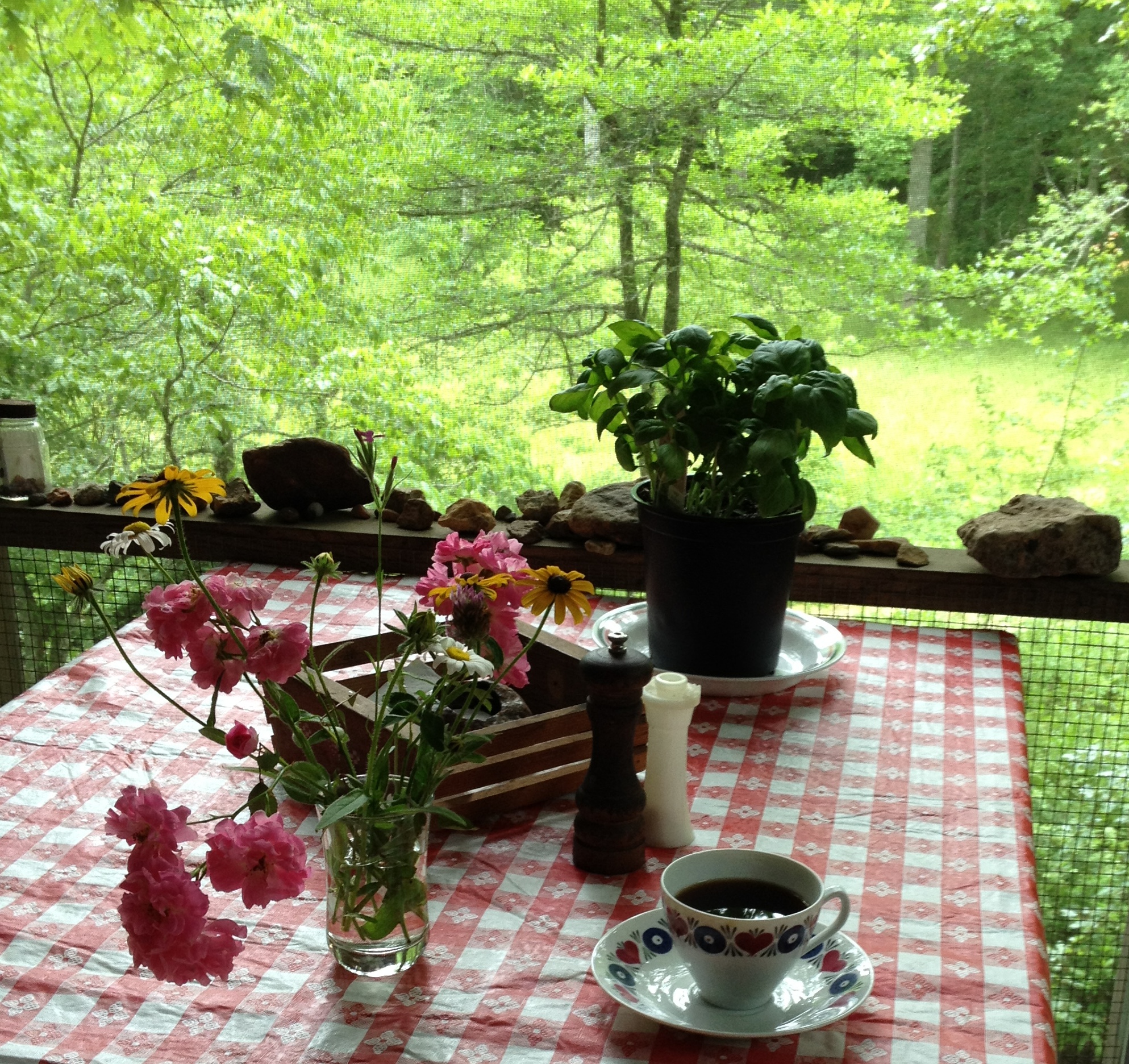 Porch at Cabin - IMG_1189 Picnic table with flowers and coffee on a porch with a small meadow and trees below